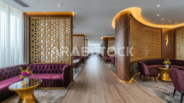 تصميم داخلي عصري لمطعم فاخر مع أرائك بنفسجية، الفن الهندسي المعماري على الطراز الحديث، التصاميم المميزة للكافيهات والمطاعم في المملكة العربية السعودية، الديكورات الراقية الحديثة