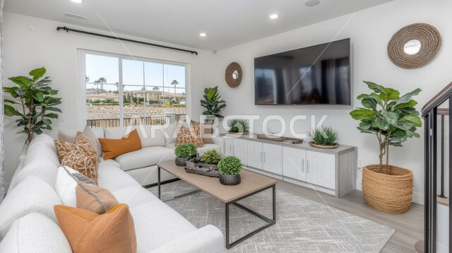 التصاميم المميزة لغرف الجلوس على الطراز الحديث, الاهتمام بنباتات الزينة, الديكورات الداخلية الراقية الحديثة, غرفة معيشة مع أثاث منزلي فاخر, الفلل والشقق السكنية في المملكة العربية السعودية, التصميم العصري الراقي الأنيق