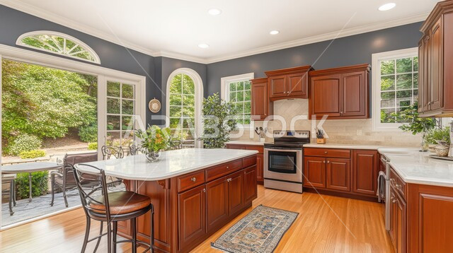 مطبخ منزلي فاخر, الاهتمام بالنباتات الخضراء، التصاميم المميزة للمطابخ على الطراز الحديث, الواجهات الزجاجية الكبيرة، الديكورات الداخلية الراقية الحديثة, الفلل والشقق السكنية في المملكة العربية السعودية, التصميم العصري الراقي الأنيق