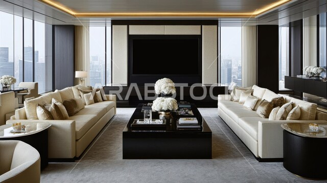 Distinctive designs for modern living rooms, large glass facades, modern upscale interior decorations, living room with luxury home furniture, villas and residential apartments in Saudi Arabia, elegant modern upscale design