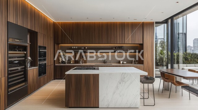 التصاميم المميزة للمطابخ على الطراز الحديث, الواجهات الزجاجية الكبيرة، الديكورات الداخلية الراقية الحديثة, مطبخ منزلي فاخر, الفلل والشقق السكنية في المملكة العربية السعودية, التصميم العصري الراقي الأنيق