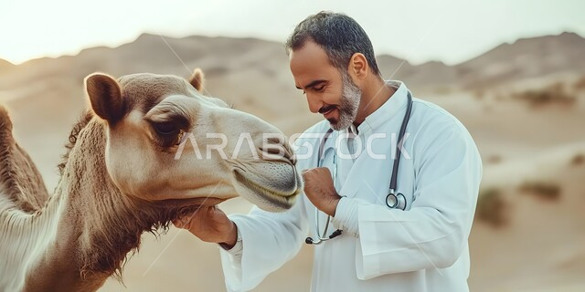 ضرورة تقديم الفحوصات الطبية الدورية للحيوانات, مفهوم الرعاية والاهتمام بالثدييات والمواشي, محميات طبيعية لتربية الجمال في المناطق الصحراوية, صورة مقربة لطبيب بيطري عربي خليجي سعودي يرتدي المعطف الطبي يقوم بفحص جمل في الصحراء