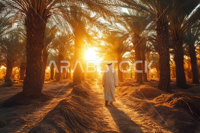 المنتجات المحلية الوطنية، المحميات الطبيعية لأشجار النخيل في المملكة العربية السعودية, جودة المحاصيل الزراعية، صورة من الخلف لرجل عربي خليجي سعودي يرتدي الثوب التقليدي والغترة البيضاء يمشي في مزارع النخل