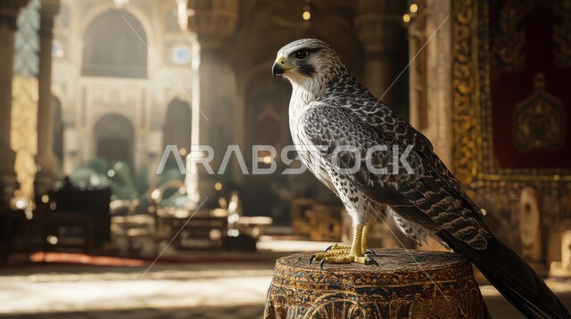 Pride in the ancient Saudi heritage, sharp eyesight and a symbol of strength and challenge, training and taming birds of prey and predators, a falcon standing on a wooden table, the Falcon Club’s establishment in the annual hunting season in the Kingdom of Saudi Arabia