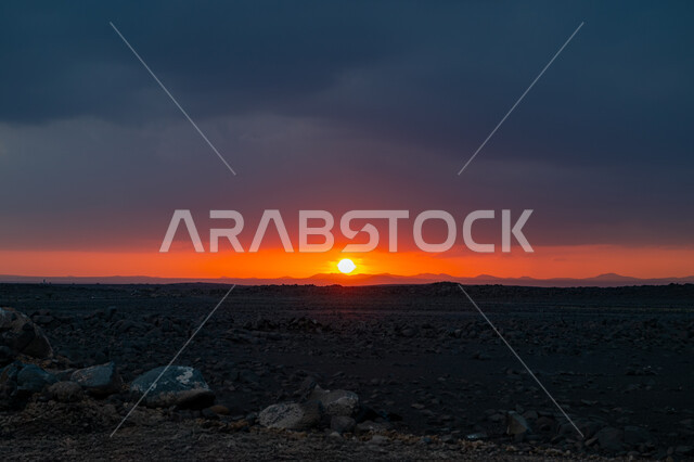 Mountainous nature in the Kingdom of Saudi Arabia, rock formations and formations, sunset view over the highlands and mountain peaks, terrain and dry environment, natural tourist areas