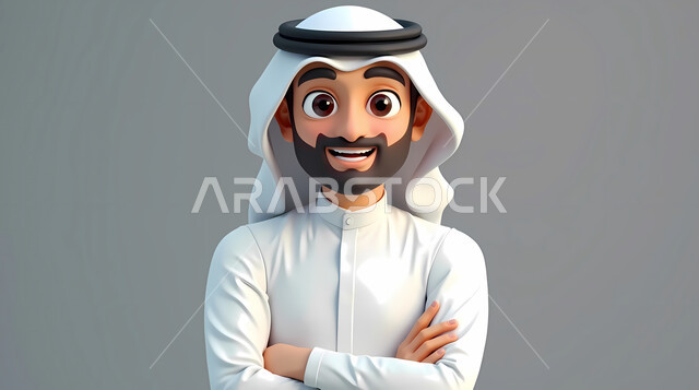 النظر الى الكاميرا بتعابير السرور والسعادة، الاهتمام بالاناقة والمظهر الخارجي، رسوم توصيحية لرجل عربي خليجي اماراتي يرتدي الكندورة والغترة يرفع اصبع السبابة بايماءات الاعجاب والرضا، مفهوم القبول والموافقة، خلفية رمادية