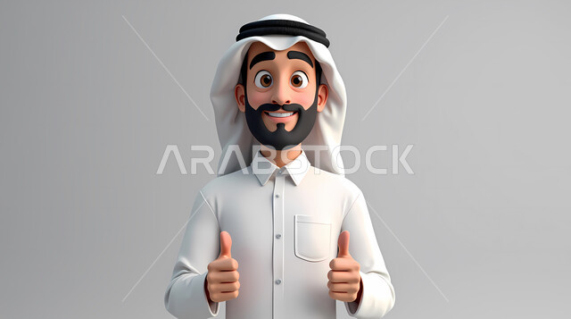 Concept of acceptance and approval, looking at the camera with expressions of pleasure and happiness, interest in elegance and appearance, illustration of an Arab Gulf Emirati man wearing a kandura and ghutra raising his index finger with gestures of admiration and satisfaction, gray background