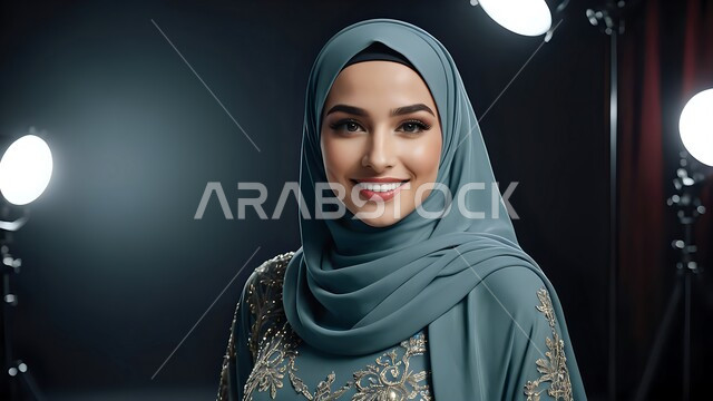 Gestures of self-confidence, the concept of femininity, elegance and softness, interest in external appearance, a close-up photo of a veiled Saudi Arabian Gulf woman smiling and looking at the camera with expressions of pleasure and happiness