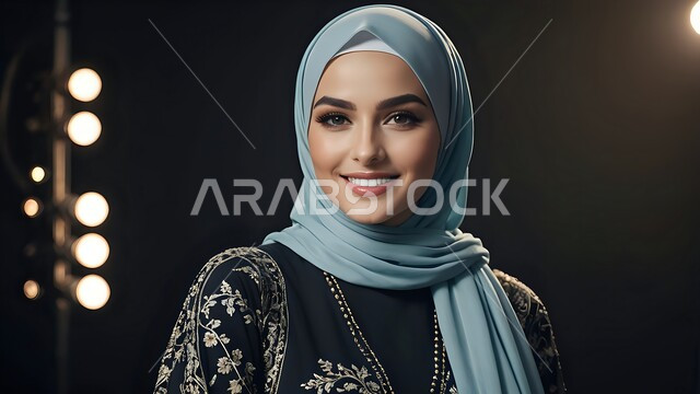 The concept of femininity, elegance and softness, interest in external appearance, gestures of self-confidence, a close-up photo of a veiled Saudi Arabian Gulf woman, smiling, looking at the camera with expressions of pleasure and happiness