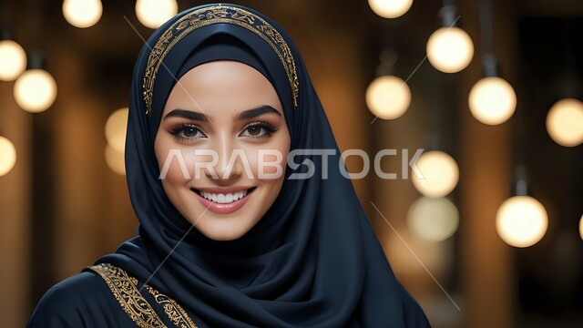Caring about one's appearance, the concept of femininity, elegance and softness, gestures of self-confidence, a close-up photo of a smiling veiled Saudi Arabian Gulf woman looking at the camera with expressions of pleasure and happiness
