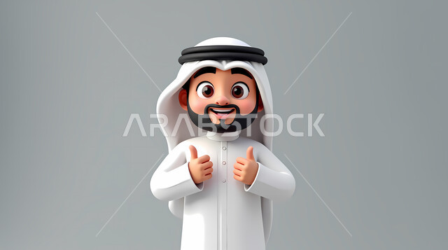 Looking at the camera with expressions of pleasure and happiness, interest in elegance and appearance, illustration of an Arab Gulf Emirati man wearing a kandura and ghutra raising his index finger in gestures of admiration and satisfaction, concept of acceptance and approval, gray background
