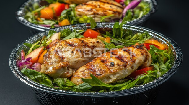 وجبة ذات قيمة غذائية عالية، أطباق عربية تقليدية شعبية، طبق من شرائح الدجاج المشوي مع الخضراوات الطازجة، مطابخ ومطاعم المملكة العربية السعودية، وصفات الطعام الشهية، المأكولات والوجبات الشرقية