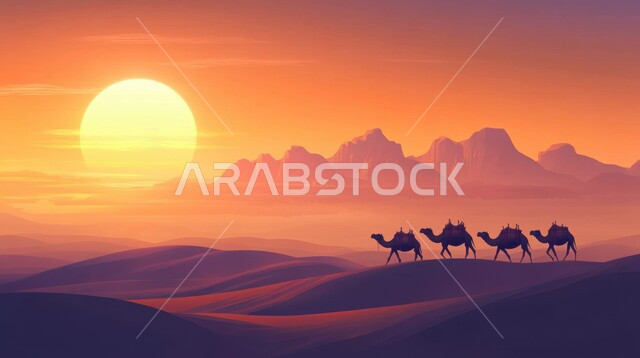 Wildlife care in the desert, illustrations of a herd of camels walking on the soft golden sands of the desert, camel and female camel breeding in a nature reserve in the desert areas, hills and sand dunes in the deserts of Saudi Arabia