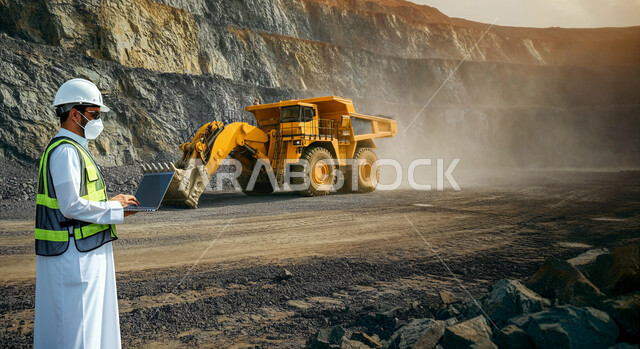 جرافة تقوم بالتخلص من الأتربة والصخور, التشكيلات والتكوينات الصخرية في صحاري السعودية, دمج التقنيات الحديثة بأعمال التعدين, صورة من الجانب لمهندس عربي خليجي سعودي يرتدي سترة وخوذة الحماية يستعمل الحاسوب المحمول, التنقيب عن الثروات الباطنية في المناطق الصحراوية