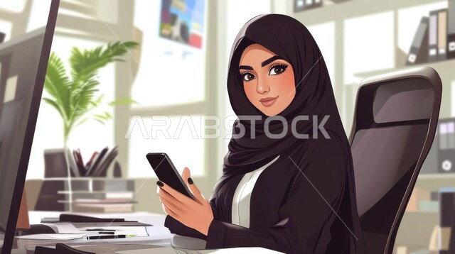 دمج الأجهزة التقنية الحديثة بالأعمال المكتبية, المهن والوظائف النسائية, رسوم توضيحية لامرأة عربية خليجية سعودية محجبة ترتدي العباءة السوداء تجلس داخل المكتب تمسك الهاتف المحمول تنظر إلى الكاميرا بإيماءات السرور، إنجاز المهام داخل مقر الشركة