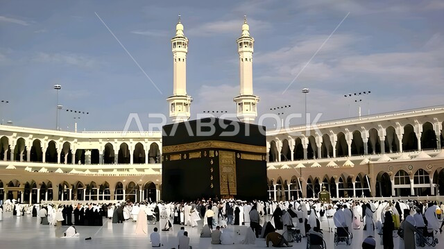 أماكن ومعالم إسلامية مقدسة في المملكة العربية السعودية، أداء مناسك الحج والعمرة، حجاج ومعتمرين بيت الله الحرام يقومون بالطواف حول الكعبة المشرفة في الحرم المكي الشريف بمكة المكرمة، العبادة والتقرب إلى الله