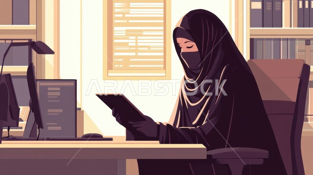 Using modern technology devices, completing tasks inside the company headquarters, women's professions and jobs, illustrations of a veiled Saudi Arabian Gulf woman wearing a black abaya sitting inside the office working on a tablet