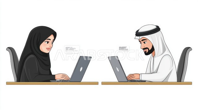 العمل في القطاع الإداري والمكتبي، مهن ووظائف في المملكة العربية السعودية، بورتريه لرجل وامرأة عربيين خليجيين سعوديين يقومان بالعمل على الحاسوب المحمول بإيماءات الاندماج والتركيز، استخدام الأجهزة التقنية الحديثة