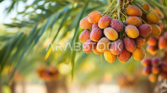 المنتجات والمحاصيل الزراعية المحلية الوطنية في المملكة العربية السعودية، صورة مقربة لثمار التمر على شجرة النخيل، الضيافة الرمضانية الشهية، وجبة ذات قيمة غذائية عالية، مصدر للدهون الصحية الطبيعية