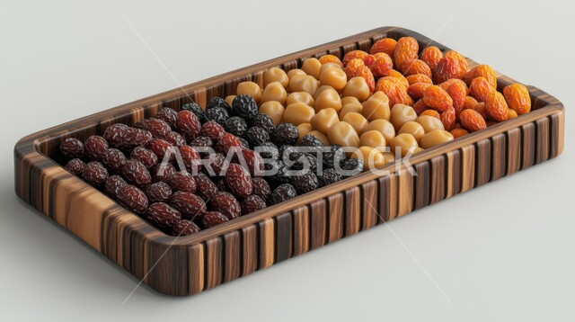 High nutritional value meal, source of natural healthy fats, local agricultural products and crops of Saudi Arabia, close-up of a plate of different types of dates, delicious Ramadan hospitality, white background