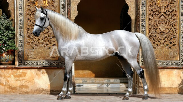 فرس عربية أصيلة بيضاء اللون، تربية الخيول في المحميات الطبيعية، حصان أبيض في  مزرعة لتربية الخيول بالمملكة العربية السعودية، اتباع العادات المتوارثة في تربية الخيل العربي الأصيل