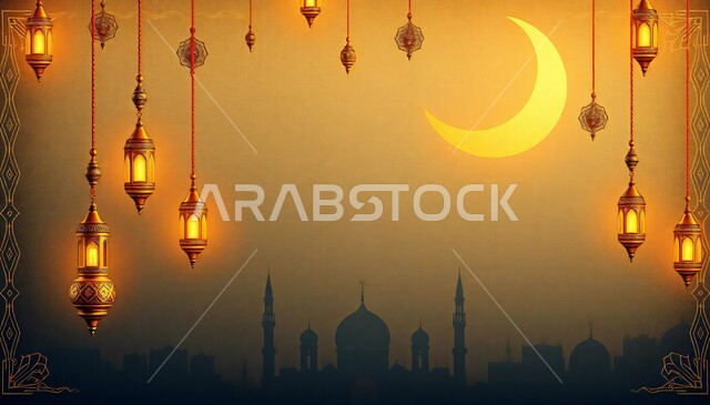 قدوم شهر الخير, رسوم توضيحية ثلاثية الأبعاد لمآذن وقبب المساجد الأسلامية, الفوانيس المعدنية المعلقة, مفهوم العبادة والتقرب الى الله تعالى, زينة الأعياد والمناسبات الدينية, الديكورات والتصاميم الهندسية المميزة في رمضان المبارك