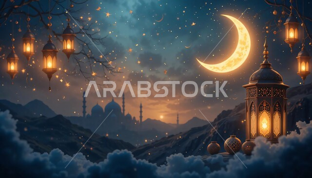 قدوم شهر الخير, رسوم توضيحية ثلاثية الأبعاد لمآذن وقبب المساجد الأسلامية, الفوانيس المعدنية المعلقة, مفهوم العبادة والتقرب الى الله تعالى, زينة الأعياد والمناسبات الدينية, الديكورات والتصاميم الهندسية المميزة في رمضان المبارك