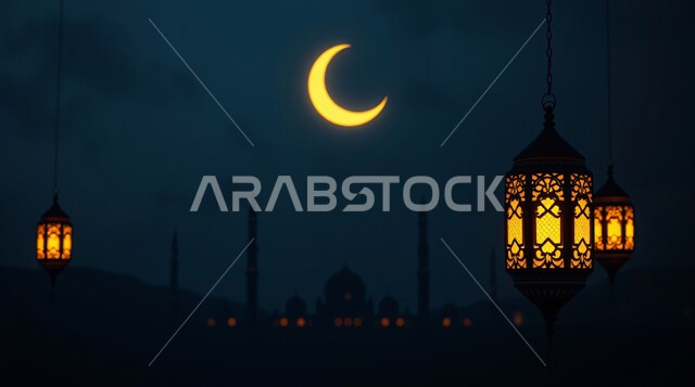 قدوم شهر الخير, رسوم توضيحية ثلاثية الأبعاد لمآذن وقبب المساجد الأسلامية, الفوانيس المعدنية المعلقة, مفهوم العبادة والتقرب الى الله تعالى, زينة الأعياد والمناسبات الدينية, الديكورات والتصاميم الهندسية المميزة في رمضان المبارك