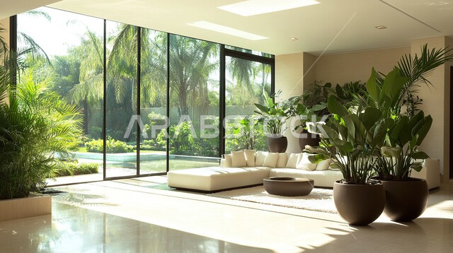 التصميم العصري الراقي الأنيق، التصاميم المميزة لغرف الجلوس على الطراز الحديث, غرفة معيشة مع أثاث منزلي فاخر, الواجهات الزجاجية الكبيرة، الديكورات الداخلية الراقية الحديثة, الفلل والشقق السكنية في المملكة العربية السعودية