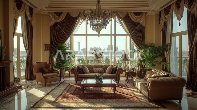 التصميم العصري الراقي الأنيق، التصاميم المميزة لغرف الجلوس على الطراز الحديث, غرفة معيشة مع أثاث منزلي فاخر, الواجهات الزجاجية الكبيرة، الديكورات الداخلية الراقية الحديثة, الفلل والشقق السكنية في المملكة العربية السعودية