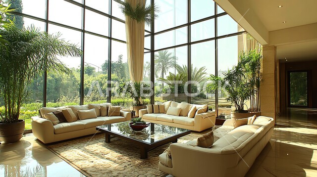 التصميم العصري الراقي الأنيق، التصاميم المميزة لغرف الجلوس على الطراز الحديث, غرفة معيشة مع أثاث منزلي فاخر, الواجهات الزجاجية الكبيرة، الديكورات الداخلية الراقية الحديثة, الفلل والشقق السكنية في المملكة العربية السعودية