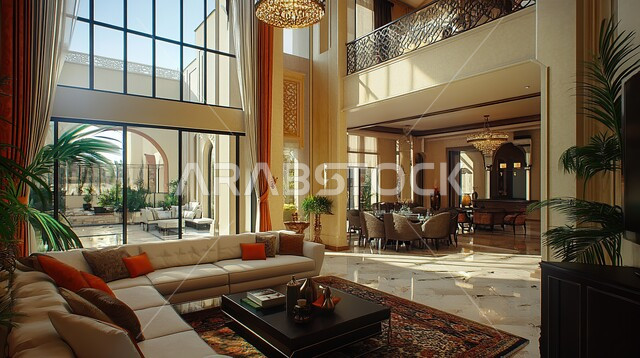 التصميم العصري الراقي الأنيق، التصاميم المميزة لغرف الجلوس على الطراز الحديث, غرفة معيشة مع أثاث منزلي فاخر, الواجهات الزجاجية الكبيرة، الديكورات الداخلية الراقية الحديثة, الفلل والشقق السكنية في المملكة العربية السعودية