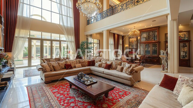 Modern elegant high-end design, distinctive designs for modern living rooms, living room with luxury home furniture, large glass facades, modern high-end interior decorations, villas and residential apartments in Saudi Arabia