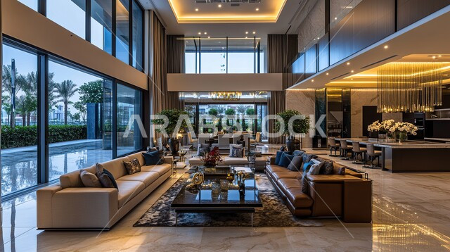 التصميم العصري الراقي الأنيق، التصاميم المميزة لغرف الجلوس على الطراز الحديث, غرفة معيشة مع أثاث منزلي فاخر, الواجهات الزجاجية الكبيرة، الديكورات الداخلية الراقية الحديثة, الفلل والشقق السكنية في المملكة العربية السعودية