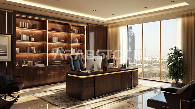 التصميم العصري الحديث للمكاتب في الشركات السعودية، غرفة مكتب واسعة مع طاولة، النوافذ والواجهات الزجاجية، غرف مكتبية بتصاميم وديكورات داخلية فاخرة