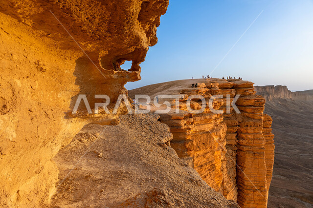 Famous natural landmarks, archaeological and tourist attractions, the edge of the rocky end of the world in the Riyadh desert in the Kingdom of Saudi Arabia, the Tuwaiq mountain range in Najd, desert nature and mountainous terrain in Saudi Arabia