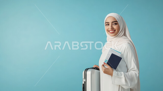 الاستمتاع بالرحلات السياحية في وقت العطلة, الاستعداد لقضاء الأوقات الممتعة, التجهيز للسفرات الممتعة, بورتريه مقرب لامرأة عربية خليجية سعودية مبتسمة ترتدي الحجاب تمسك بيدها حقيبة سفر رمادية وتأشيرة السفر، التحضير للإجازة الصيفية, خلفية زرقاء