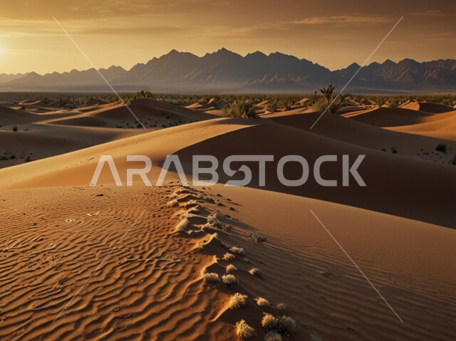 منظر غروب الشمس على التلال والهضاب من الرمال الناعمة، التكوينات والتشكلات الرملية في صحراء المملكة العربية السعودية، التضاريس و المرتفعات والقمم الجبلية في البراري، مناطق البادية والبيئة الطبيعية الصحراوية، خلفية الطبيعة