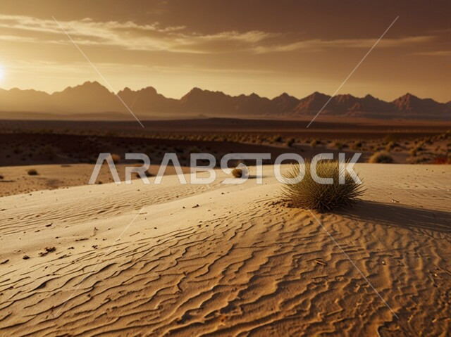 التكوينات والتشكلات الرملية في صحراء المملكة العربية السعودية، منظر غروب الشمس على التلال والهضاب من الرمال الناعمة، التضاريس و المرتفعات والقمم الجبلية في البراري، مناطق البادية والبيئة الطبيعية الصحراوية، خلفية الطبيعة