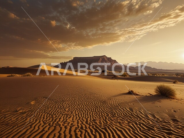 منظر غروب الشمس على التلال والهضاب من الرمال الناعمة، التكوينات والتشكلات الرملية في صحراء المملكة العربية السعودية، التضاريس و المرتفعات والقمم الجبلية في البراري، مناطق البادية والبيئة الطبيعية الصحراوية، خلفية الطبيعة