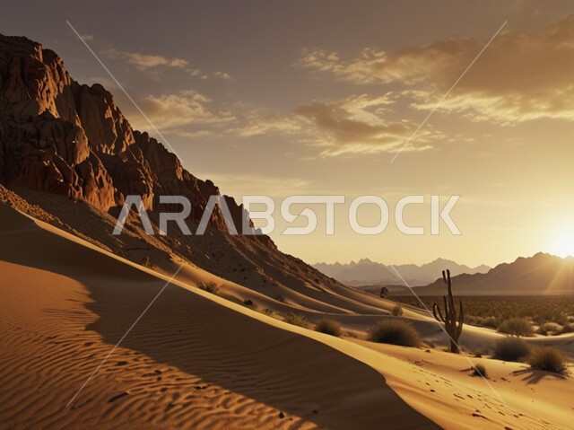 التكوينات والتشكلات الرملية في صحراء المملكة العربية السعودية، منظر غروب الشمس على التلال والهضاب من الرمال الناعمة، التضاريس و المرتفعات والقمم الجبلية في البراري، مناطق البادية والبيئة الطبيعية الصحراوية، خلفية الطبيعة