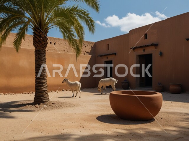 White goat in the courtyard of an old traditional house, caring for mammals, building houses from red mud bricks, raising animals and livestock in the Kingdom of Saudi Arabia