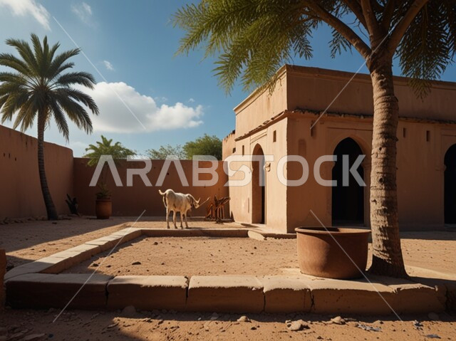 White goat in the courtyard of an old traditional house, caring for mammals, building houses from red mud bricks, raising animals and livestock in the Kingdom of Saudi Arabia