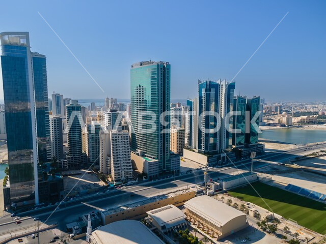 Al Fateh Grand Mosque building in Manama, famous tourist places and landmarks during the day, urban development and progress in Bahrain, Isa Cultural Center, architectural art of Al-Qudhaibiya Presidential Palace in the Bahraini capital