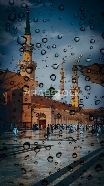 قطرات المطر على نافذة زجاجية، مفهوم العبادة والتقرب إلى الله، المجمع الخارجي في المسجد النبوي الشريف بالمدينة المنورة، الفن الهندسي المعماري للمآذن والقبة الخضراء على الطراز الإسلامي، أماكن دينية إسلامية مقدسة، المساجد المشهورة  في المملكة العربية السعودية