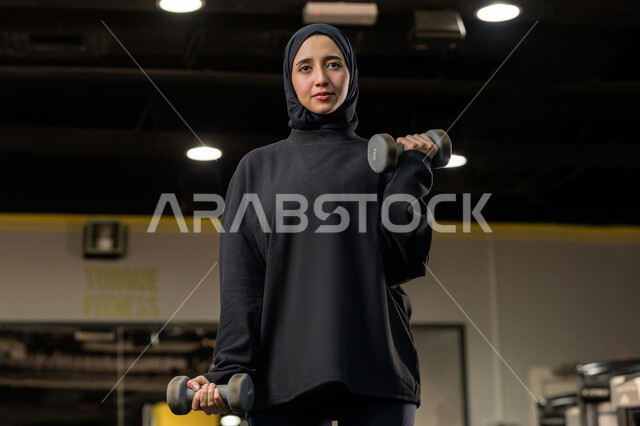 نشاط رياضي للمحافظة على صحة الجسم، حرق الدهون والسعرات الحراريه، الاستعداد لممارسة التمارين الرياضية بايماءات الحماس والسعادة ، شابة اماراتية تقوم بحمل الأوزان، امراة عربية خليجية سعودية محجبة ترتدي الملابس الرياضة تقوم بتمارين رفع الأثقال (دمبلز)