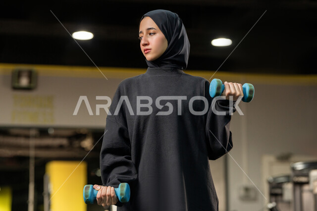 الاستعداد لممارسة التمارين الرياضية بايماءات الحماس والسعادة ، شابة اماراتية تقوم بحمل الأوزان، امراة عربية خليجية سعودية محجبة ترتدي الملابس الرياضة تقوم بتمارين رفع الأثقال (دمبلز)، نشاط رياضي للمحافظة على صحة الجسم، حرق الدهون والسعرات الحراريه