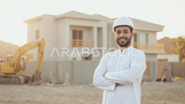 الإعمار بسواعد أبناء الوطن، مفهوم الهندسة والانشاءات المعمارية، مهندس عربي خليجي سعودي مبتسم يرتدي الخوذه  وسترة الحماية ينظر إلى الكاميرا بإيماءات السرور، الوقوف بأيدي متقاطعه، العمل في القطاع الهندسي، مهن ووظائف سعودية