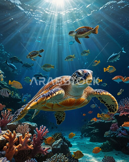 منظر الأسماك الصغيرة في المياه، الثروة السمكية والنباتات المائية في المملكة العربية السعودية، سلحفاة البحر تسبح في المحمية الطبيعية البحرية, الشعب المرجانية الملونة في أعماق البحار والمحيطات