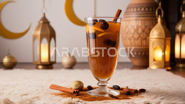  عصير طازج مع القرفه، حسن الضيافة وكرم الإستقبال في شهر رمضان في المملكة العربية السعودية، جودة المنتجات المحلية الوطنية، الاستمتاع بالمشروبات الساخنة، فانوس معدني مزخرف مضيء، الاحتفال بالمناسبات والأعياد الاسلامية